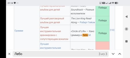 "Музыка была написана Хансом Циммером, который был нанят на основе его более ранних работ над двумя фильмами, действие которых происходило в Африке,   A World Apart и «Сила личности»[62], дополнительная традиционная африканская музыка и хоровые элементы были аранжированы Лебо М"
Ну и Грэмми