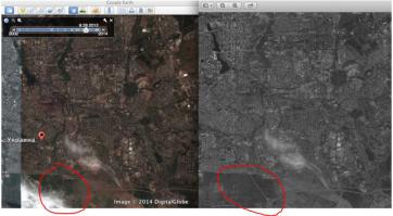 А ни чего что это разные снимки сделанные с интервалом во времени... Снимок с Google сделан или позднее или раньше учитывая смещение воздушных масс, а если быть конкретнее облаков. Ориентир дорога - смотрите расстояние облаков от неё на снимке с программы Google и снимке с самолётами..
Есть над чем подумать