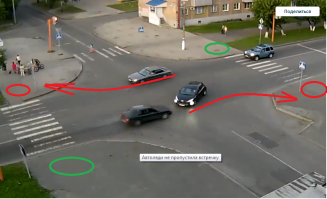 Я рассматриваю случай, когда основное движение идет по главной дороге, а второстепенная это выезды со дворов и т.п, где особо не разгонишься. Стандартная ситуация, поворачивающий не пропускает встречную, красная стрелка, наиболее вероятная траектория после аварии, либо, когда уворачиваешься