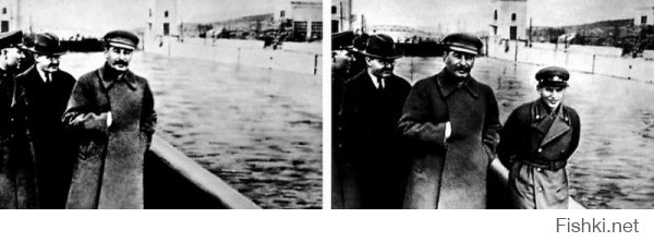 или вот пример, из нашей страны:



Ежов Николай, что красуется ближе к воде, был по приказу Сталина убран с фото когда попал в опалу