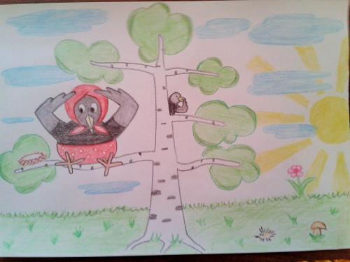 В детсад крестнику за 30 минут нарисовал: "проворонила ворона вороненка":)