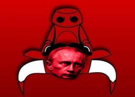 Робот читает книгу верхом на крабе