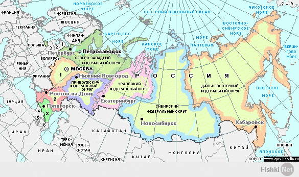Хорош ругаться, лучше объясни парню.
Федеральные округа РФ

А это Большая подробная административная карта РФ