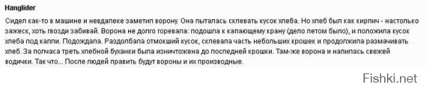 Аффтар! Ты нашел или сделал хорошее видео, но отчего не описал его?
Когда смотрел этот отрывок из жизни ворон, вспоминал случай, который заставил меня изменить отношение к этим птица. Я его описывал тут, на фишках, потому вставлю скрин.