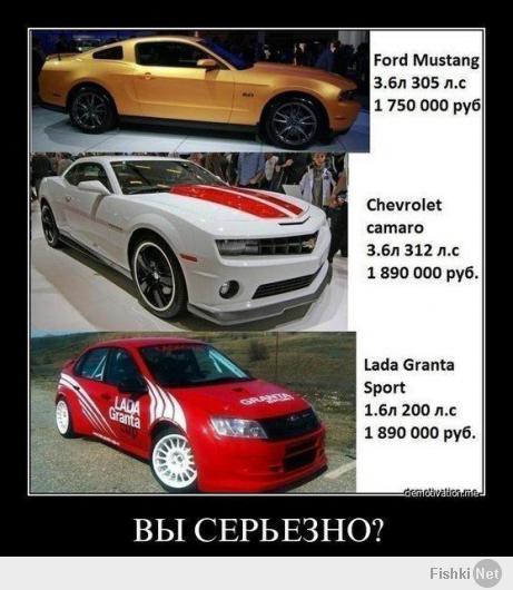 Ну вот с этой темой уже достали.
Мустанг, Камаро, WRX STi, Evo - это гражданские автомобили. Пусть они понтовее, чем Гранта Спорт, но их никто близко не подпустит к более-менее профессиональным соревнованиям по причине отсутствия омологации.
Между тем, Гранта Спорт получила омологацию престижного чемпионата WTCC.
Каркас безопасности, сидения, ремни, система пожаротушения, топливная система - всё это соответствует строгим стандартам.
И ещё, посчитаем соотношение мощность/масс.
Гранта 200 л.с. при 1100 кг.
Камаро 326 л.с. при 1700 кг.
То на то и выходит.

P.S. В Москве этап WTCC пройдёт в эти выходные.

_