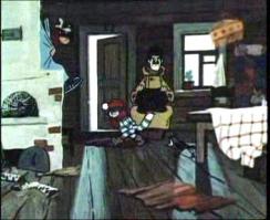 Как Шарик и Матроскин печь перетаскивали:
В первой серии “Трое из Простоквашино” печь находится справа от нас (слева от двери).
А вот в третьей серии “Зима в Простоквашино” мы видим печку уже в правой части экрана.Очевидно, Матроскину и Шарику было нечего делать долгими зимними вечерами и они развлекались тем, что перетаскивали печь с места на место.