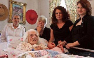 Шесть поколений 

111 лет — 88 лет — 70 лет — 39 лет — 16 лет — 7 недель