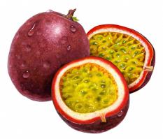 Passionfruit - вот необычный фрукт. Едят только косточки внутри. Вкус кисло-сладкий.