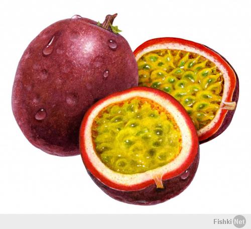 Passionfruit - вот необычный фрукт. Едят только косточки внутри. Вкус кисло-сладкий.