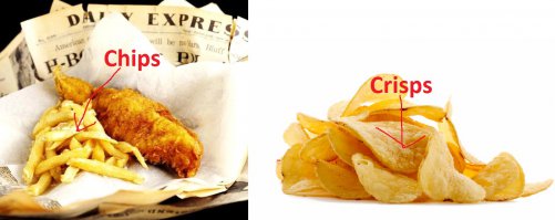 "Рыба и чипсы – блюдо, состоящее из рыбы, обжаренной в кляре, и нарезанного крупными ломтиками картофеля фри или чипсов (Великобритания)"
Что значит "или", если Chips и есть картофель фри?