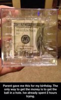 Подарок родителей на день рождения. Единственный способ вытащить деньги - закатить шарик в лунку. Пытаюсь это сделать уже 2 часа.

Единственный? Ты так считаешь?