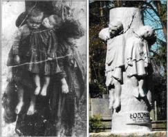 "Покажите это как можно большему числу своих знакомых. Сделайте перепост. Спасибо, Вам, неравнодушным! Пусть украинцы и не только - знают кто такой степан бандера.
Внизу в камне выбито: "Если я это забуду, пусть Небо забудет про меня" Этот монумент стоит в Польше.

СЛЕПЛЕН с реальной фотографии расправы над детьми, которых бандеровцы возглавляемые "национальным героем" убивали прикручивая проволкой к столбам - экономили патроны..."