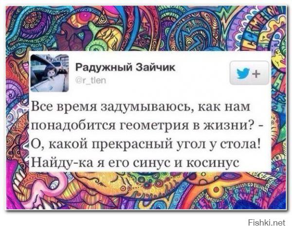 И геометрия бывает полезной. Тут недавно мужика на работе послали на объект площадь чердака померить для огнезащитной обработки. Крыша там двускатная. Так он померил на чердаке длину, высоту от конька до пола, ширину по полу от одного нижнего края ската до другого. И уже сидя в офисе не мог никак вкурить, как же ему узнать высоту самого ската, чтоб площадь посчитать. Пришлось ему теорему Пифагора объяснять, а то поехал бы опять на другой конец Москвы и с рулеткой корячился.