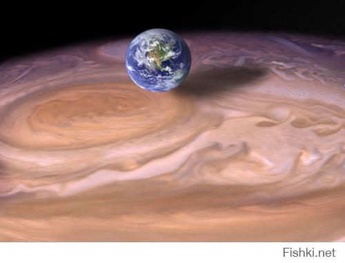Если кому интересно, большое красное пятно на Ютпитере, является самым большим ураганом-антициклоном в солнечной системе. Было открыто в 1664 году Робертом Гуком. Его размеры ~35000км в длину и ~14000км в ширину (для сравнения диаметр Земли ~12700км, см. картинку). Он существует уже около 350 лет и лет 100 назад был вдвое больше. Делает полный оборот за 6 земных суток и скорость ветра внутри 500 км/ч.