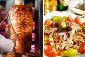 А вот - популярнейшая в Израиле местная шаурма (на иврите "шварма"). Ресторанчики, продающие шварму, можно увидеть практически на каждом углу. Слева - гриль, на котором поджариваются пласты мяса (обычно индюшатина). Справа - нарезанная шварма с овощами и жареной картошкой, поданная к столу.