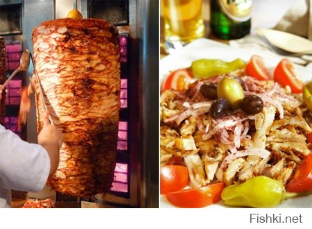 А вот - популярнейшая в Израиле местная шаурма (на иврите "шварма"). Ресторанчики, продающие шварму, можно увидеть практически на каждом углу. Слева - гриль, на котором поджариваются пласты мяса (обычно индюшатина). Справа - нарезанная шварма с овощами и жареной картошкой, поданная к столу.