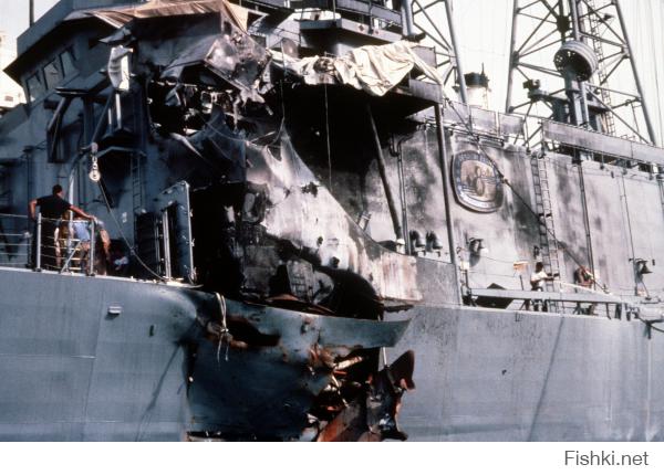 Я когда то видел фотку после попадания ПКР мне показалось тоже что повреждения не такие уж серьезные, стало интересно решил найти её снова , её же не нашел но наткнулся на тоже интересный пост.
"Жарким арабским вечером 17 мая 1987 года американский фрегат USS «Stark» (FFG-31) патрулировал в 65-85 милях к Норд-Осту от побережья Бахрейна вдоль зоны боевых действий Ирано-Иракской войны. В 20:45 с находящегося неподолеку эсминца ПВО «Coontz» поступили данные о приближающейся воздушной цели, очевидно – иракского самолета: «курс 285 град., дистанция 120 миль». Через минуту эту информацию продублировал самолет дальнего радиолокационного обнаружения E-3 AWAСS ВВС Саудовской Аравии. В 20:58 с дистанции 70 миль «Старк» взял цель на сопровождение своей РЛС. Фрегат в это время шел со скоростю 10 узлов, все системы были приведены в боевую готовность №3 (средства обнаружения и оружие - в готовности к использованию, личный состав - на боевых постах).На «Старке» сыграли боевую тревогу, а через пять секунд в корабль первая ракета «Экзосет». Примерно через пол-минуты последовал второй удар, на этот раз БЧ «Экзосета» отработала штатно, взрыв центнера взрывчатки разнес в клочья кубрик личного состава, убив 37 моряков. Пожар охватил боевой информационный центр, вышли из строя все источники электроэнергии, фрегат лишился хода.
Поняв что произошло, с эсминца «Coontz» завопили по всем радиочастотам: «Поднять F-15! Сбить! Сбить иракского шакала!» Но пока на саудовской авиабазе решали, кто отдаст щекотливый приказ, иракский «Мираж» безнаказанно улетел. Так и остались неясными мотивы иракской стороны: ошибка или намеренная провокация. Представители Ирака заявили, что пилот истребителя "Mirage" F.1 - хорошо подготовленный летчик, знающий английский и международный авиационный язык, - никаких обращений с американского фрегата не слышал. Он атаковал цель потому, что она находилась в зоне боевых действий, в которой, как ему было известно, не должны были находиться свои или нейтральные корабли.
Что касается побитого «Старка» - с помощью прибывшего на помощь «Coontz’a», он кое-как добрался до Бахрейна, откуда в через 2 месяца ушел своим ходом (!) на ремонт в США."