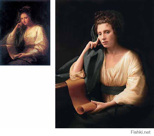 Жуткое безобразие и издевательство над искусством. 
Имели бы хоть чуточку мозгов, сначала бы в инете полазили, я думаю, результаты поиска их бы немного удивили. 
Итак, фотограф от бога, Екатерина Рождественская.
Википедия:
Первые работы фотохудожника Екатерины Рождественской были опубликованы В МАРТЕ 2000 года в российском журнале «Караван историй». Это был фотопроект под названием «Частная коллекция» — серия фотопортретов наших современников в образах прошлого, героями которых стали известные российские политики, телеведущие, актёры театра и кино, звёзды шоу-бизнеса, журналисты, спортсмены, деятели культуры и науки. При помощи грима, костюмов и декораций они перевоплощались в персонажей живописных полотен великих художников прошлого. Всего в проектах Екатерины Рождественской приняли участие более трёх тысяч человек.