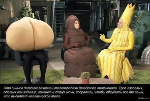 Струя Мочи и Какашка, обитающие в клоаке, приглашают в гости то одну, то другую часть тела, которые рассказывают им о своей жизни, работе и о том, «что из них вытекает или выходит».

Глаз объяснит все о слезах, рот — о крике и слюне, нос — об обонянии и, разумеется, о соплях. Кстати, Сопля в передаче — герой-репортер, берущий настоящие интервью на улицах. Моча с Какашкой тоже выходят в народ, встречаясь со зрителями в общественных местах. Идёшь вот так по городу — а на остановке коричневая колбаса...
Есть в передаче и музыка. Части тела поют веселые запоминающиеся песенки вместе с оркестром разномастных разноцветных Поп. Эта Попмузыка стала весьма популярной, и, например, песенка Письки и Писюна (или как там по-русски называется в смягченном варианте то, чем писают мальчики) периодически звучит в соцсетях, набирая огромные рейтинги просмотров. Наверное, вы хотите знать, о чем они поют? Да пожалуйста, вот примерный вариант:

«Пописать приятно, когда есть нужда!
Желтым и теплым — это да!
Ошибка большая — в лифте мочиться,
А в унитаз очень здорово слиться!
Девочки, мальчики — все и всегда
Писают, писают, да-да-да!
А если свеклу съедим мы в обед,
Так писаем красным — круто! Привет!
Пись-пись-пись-пись-пись....»

Ниже там, кстати, много песенок разных частей тела — зуба, пальцев, волос и проч.
Особо полюбилась в Швеции одна из встреч ведущих с Попой (задница — «румпа» по-шведски), когда та рассказывала о своем предназначении и распорядке дня: «Утром какала, потом — пукала... Если на обед капуста, бобы или горох — всегда пукаешь!» Очень информативным показался и новый рассказ Румпы про понос, внесенный в студию в колбе.
Одна из задач Вiss och Kajs в целом — избавить детей от страданий, связанных с теми или иными физиологическими проявлениями. Не секрет, что ребенка могут насмерть задразнить в школе, случись ему на уроке «газануть», рыгнуть, или, не дай бог, «подпустить» в штаны. Лишить такие невольные проявления налета драматизма, научить переводить «ужасные» моменты в шутку, а заодно и рассказать о том, «из чего сделаны девочки и мальчики, и что из них вытекает» — это цель.

Кстати, к дерьму на экране шведские дети уже давно привыкли: уже много-много лет в передаче «Муравьи в портках», посвященной природе и животным, идёт сюжет под названием «Угадай какашку». Зрители, посмотрев на снимки испражнений, должны сказать, кто из зверей/птиц/рыб эти погадки оставил. Многие юные натуралисты сейчас уже влёт определяют, какие животные «отметились» в лесу, в поле или в городе, радостно (и часто принародно) вопя: «Мама! Тут заяц накакал!».