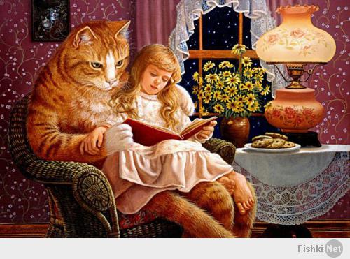 Дети, читающие кошкам
