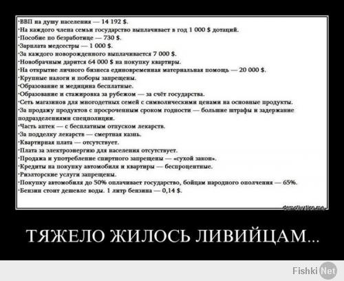 Вот такая вот была жизнь при полковнике. Посмотрите видосы с этими повстанцами. Большая часть на дорогущих внедорожниках. Интересно как им сейчас живется..?