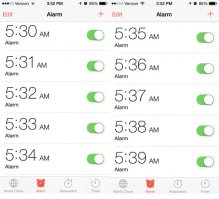 Это про мою жену:)
У меня будильник стоит на одно время 6:43 и на вибре-просыпаюсь сразу, независимо от того во сколько лег.