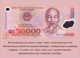 И не только во вьетнамском. В китайском языке, например, тоже нет специальных названий для денежных единиц других стран. "Юань" - это просто абстрактная денежная единица. Если в наименовании валют не переводить слово "юань", то выглядеть это будет так:
доллар - американский юань,
рубль - русский юань,
иена - японский юань, и т.д.
Если перед словом "юань" не указывать страну, то подразумевается "местный", китайских юань.
П.С. Я не сильно знаком с японским языком, но сдается мне, что там точно такая же картина. Это характерно почти для всех азиатских стран.