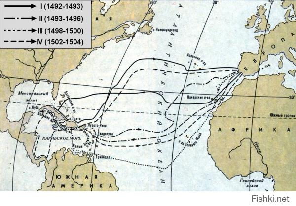 Разрушаю миф, о том что Колумб "Он никогда не бывал в Америке". В плавании 1502-1504 он таки посетил Северную Америку. А ранее в плавании 1492-1500 Южную Америку. Вот карта всех плаваний Колумба: