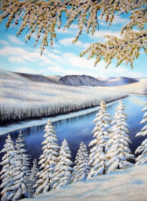 Красотища. Завидую такому таланту. 
Здесь интересное сопоставление цветущего фруктового дерева в белом цвету и елей, покрытых снегом.