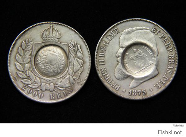 А у меня завалялась вот такая монетка.
Бразилия 1875год, 2000 REIS- Два номинала Редкость.
Могу продать