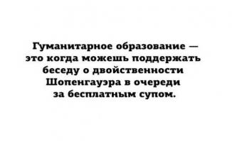 Нет ребят, гуманитарное образование это когда НЕ можешь поддержать беседу о двойственности Шопенгауэра на симпозиуме посвященном двойственности Шопенгауэра, в 90% случаев...