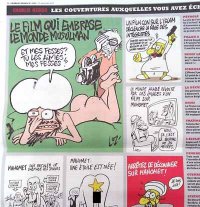 Что бы все телеканалы и газеты мира должны сейчас сделать - это крутить как можно больше карикатур на Мухаммеда , напечатанных в этом сатирическом французском журнале, как можно дольше, и люди должны выйти на улицы с этими карикатурами и вот зачем:

1. В честь убитых и раненых, чтобы показать, что их работа не прошла зря.
2. Показать исламистам, что их никто не боится, и что они всех все равно не перестреляют, тем более в Европе, где их пока меньшинство. Там, где их большинство, они и так убивают немусульман без всякого повода.
3. Исламисты увидят, что теракты не работают и производят только больше таких карикатур. Запрещение карикатур - прямое приглашение новых терактов - раз теракт сработал - его точно повторят еще.
4. Большое количество карикатур понизит порог чувствительности большинства мусульман и отучит их так остро реагировать.
5. Если мусульманам не понравятся карикатуры на Мухаммеда на каждом углу - они всегда могут уехать восвояси, никто их особо и не держит.

Чтобы не быть голословным, я опубликую здесь пару карикатур из этого журнала , даже если они мне эстетически неприятны - все равно это полезно по описанным причинам. Я призываю всех других постить здесь как можно больше подобных карикатур - это бы был лучший ответ Фишек на подобный теракт.