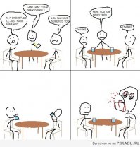 Если кто не понял - один чувак просит принести ему воды ("H2O"), а второй говорит что ему тоже нужно принести воды ("H2O too"), что звучит как "H2O2" - а это формула перекиси водорода.