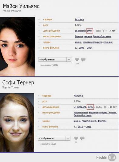 Вот у них тоже разница один год. Хотя Санса выглядит на много старше своей сестры.