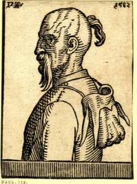 Отшельник-татарин
A hermit; half-length male figure, in profile to left; the head shaved except for a small top-knot; wearing a moustache; a hat with spiked brim hanging over his shoulders; from a series of 127 woodcuts. 1582 Woodcut