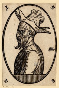 Отшельник-татарин
A hermit; half-length male figure, in profile to left; the head shaved except for a small top-knot; wearing a moustache; a hat with spiked brim hanging over his shoulders; from a series of 127 woodcuts. 1582 Woodcut