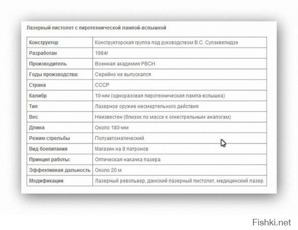 Разработка советских ученых для космонавтов - волоконный лазерный пистолет. Восемь ламп-вспышек в магазине, аналогично патронам. После каждого «выстрела» израсходованная лампа выбрасывается, подобно гильзе, а в осветительную камеру подается следующий боеприпас. Источником энергии служит закрепляемая в специальной направляющей под стволом батарея типа «Крона».
Волоконно-оптический активный элемент поглощает излучение от сгорающей лампы, что вызывает в нём лазерный импульс, направляемый через ствол пистолета в цель.
Выпущенный из ствола оружия луч сохраняет свое обжигающее и ослепляющее действие на дистанции до 20 метров.