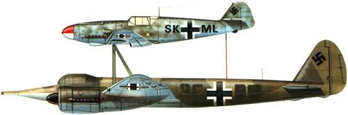 Ju 88 "Mistel"
Германия - 1943
В июле 1943 года фирма Junkers получила задание переоборудовать Ju 88-А в беспилотный самолет-снаряд (в Luftwaffe они имели обозначение "Mistel"), управляемый из одноместного истребителя, укрепленного над фюзеляжем снаряда-носителя. Пилот истребителя вел спарку до точки расцепления, в которой он направлял Ju 88 на цель и отстыковывался.
Истребитель крепился к самолету-снаряду на стальных стойках, укрепленные над центропланом Ju 88 по обе стороны фюзеляжа и сходившиеся под фюзеляжем управляемого самолета вместе с V-образной стойкой от фюзеляжа носителя, образуя два треножника. Верхние точки треножников крепились к главному лонжерону истребителя. Еще одна подпружиненная стойка шла к хвостовой части истребителя. Когда пилот освобождал истребитель, задняя стойка откидывалась назад вдоль фюзеляжа. При касании последнего срабатывал замыкатель, который приводил в действие систему отцепки основных креплений на треножниках. Таким образом предотвращался возможный удар хвостовой части истребителя о заднюю стойку.
Первые 15 Ju 88-А4 были переоборудованы в июле 1943 года. Mistel из Ju 88-А4 с Messerschmitt Bf 109-F, получил обозначение "Beethoven".
Прототип Mistel: Ju 88-А4/Bf 109-F Вначале в Mistel переоборудовали отслужившие свой срок конструкции Ju 88. Из кабины убрали лишнее оборудование, оставив лишь два места экипажа для обучения. Такие машины, получившие обозначение 1, использовали для обучения. Носовой отсек мог быть заменен 3800-кг боеголовкой при помощи быстроразъемных болтов.
Эта боеголовка была успешно испытана на старом французском линкоре-цели "Ошен" во второй половине 1943 г. Проводились опыты и по поражению фортификационных сооружений. При этом тонный стальной стержень кумулятивного ядра пробивал 20 м бетон. Окончательные испытания боеголовки проводились в Peenemünde с апреля по май 1944 г.

Mistel: Ju 88-А4/Bf 109-F Предусматривались два основных приема боевого использования. При первом взлет и полет к цели осуществлялся только при работе двигателей нижнего самолета, а двигатель верхнего самолета запускался только вблизи цели. Второй способ предусматривал использование совместной работы моторов двух машин, а питание бензином верхнего самолета шло из баков нижнего. Когда связка достигала цели, пилот переводил ее в пологое пикирование. На безопасной дистанции истребитель отцеплялся, а беспилотный самолет пикировал на цель.

Первые пять Mistel 1 поступили на вооружение IV/КG 101. Первый боевой вылет был совершен 24 июня 1944 г. Вылет не удался, так как истребителю пришлось отцепиться еще до цели из-за появления ночного истребителя Mosquito.
Вскоре после этого четыре Mistel под прикрытием истребителей Вf 109-G атаковали суда союзников в заливе Сены. Атака была осуществлена при свете осветительных ракет, но результаты не удалось пронаблюдать из-за дыма горящих судов. Разведка на следующий день показала, что все цели были поражены, но ни одно судно не затонуло.
Воодушевленные этим успехом, Luftwaffe заказали заводу в Mockau (Leipzig) еще переоборудовать в Mistel еще 75 ремонтировавшихся там Ju 88-G1. На этот раз это была связка Ju 88-G1 и Fw 190-A6 или Fw 190-F8, так как их моторы также работали на 95-октановом бензине (Mistel 2; учебный вариант S2). К сожалению, комбинация Ju 88-G с полными топливными баками и боеголовкой с Fw 190 была значительно перезагружена, и при взлете случались аварии из-за разрыва пневматиков. После потери нескольких Mistel при взлете, под фюзеляжем была установлена третья сбрасываемая стойка. Этот вариант получил обозначение Mistel 3.

10.10.1944 на базе IV/КG 101 была образована III/КG 66, предназначенная исключительно для использования Mistel, но уже через 10 дней ее переименовали в II/КG 200. К этому времени было решено использовать все имеющиеся Mistel для атаки британского флота в Scapa Flow. Операция была намечена на декабрь 1944 г. Для этой операции на аэродромах в Дании было собрано 60 Mistel вместе с 5./КG 200, самолеты которой должны были освещать цели. Постоянно стоявшая плохая погода задерживала начало операции, а когда она окончательно прояснилась, установилась полная луна. Неповоротливые Mistel 2, развивавшие не более 380 км/ч могли стать легкой добычей британских ночных истребителей.
Следующее нападение планировалось на март 1945 против советских военных заводов. Было заказано 125 Mistel, 100 из которых требовались для этой операции. В марте аэродромы в Восточной Пруссии, которые планировалось использовать для операции "Eisenhammel", были заняты советскими войсками. Позже II/КG 200 предприняла отдельные атаки мостов на восточном и западном фронтах.
Первой их атакой стал налет 9 марта четырех Mistel из состава II/КG 200 на мосты у Görlitz на Neiße. Оба моста были поражены. Mistel из II/КG 200 использовались для налетов на мосты через Рейн. С апреля для этих же целей привлекались подразделения КG 30, также перевооруженные на Mistel. Почти все Mistel были использованы в этих атаках, а их пилотов вскоре перевели в истребительные части.
Темпы переоборудования возросли и теперь в самолеты-снаряды переделывали строящиеся на заводе Junkers в Bernburg Ju 88-G10 и Ju 88-H4 прямо на сборочной линии. Связка Ju 88-G10/Fw 190-A8 обозначили как "Mistel 3C". Самолет отличался вставкой перед крылом 2.75 м фюзеляжной секции. Fw 190, оснащался парой 270 л накрыльевых баков и подфюзеляжным 300 л баком. Второй и третий фюзеляжные баки Mistel предназначались под 95-октановый бензин, который Fw 190-A8 использовал во время полета в связке. Остальные баки заливались 87-октановым бензином. Аналогичный вариант из связки Ju 88-H4/Fw 190-A8 получил обозначение "Mistel 3B".
Одна из модификаций Mistel 3B с экипажем в три человека служила сверхдальним самолетом наведения "Fuehrungmaschine", неся на себе Fw 190-A8 в качестве собственного эскорта. Mistel оснащался локатором сантиметрового диапазона и имел оборонительное вооружение из пулемета МG 131 в задней части кабины. Под центропланом можно было подвесить два 900 л сбрасываемых бака. Один из последних Mistel состоял из Ta 152-H и Ju 88-G7.
Всего было построено около 250 Mistel различных модификаций.
