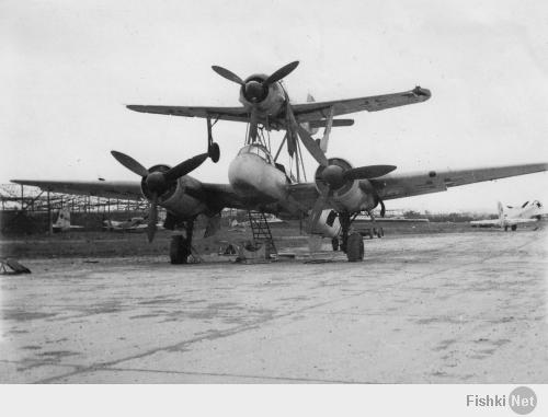 Ju 88 "Mistel"
Германия - 1943
В июле 1943 года фирма Junkers получила задание переоборудовать Ju 88-А в беспилотный самолет-снаряд (в Luftwaffe они имели обозначение "Mistel"), управляемый из одноместного истребителя, укрепленного над фюзеляжем снаряда-носителя. Пилот истребителя вел спарку до точки расцепления, в которой он направлял Ju 88 на цель и отстыковывался.
Истребитель крепился к самолету-снаряду на стальных стойках, укрепленные над центропланом Ju 88 по обе стороны фюзеляжа и сходившиеся под фюзеляжем управляемого самолета вместе с V-образной стойкой от фюзеляжа носителя, образуя два треножника. Верхние точки треножников крепились к главному лонжерону истребителя. Еще одна подпружиненная стойка шла к хвостовой части истребителя. Когда пилот освобождал истребитель, задняя стойка откидывалась назад вдоль фюзеляжа. При касании последнего срабатывал замыкатель, который приводил в действие систему отцепки основных креплений на треножниках. Таким образом предотвращался возможный удар хвостовой части истребителя о заднюю стойку.
Первые 15 Ju 88-А4 были переоборудованы в июле 1943 года. Mistel из Ju 88-А4 с Messerschmitt Bf 109-F, получил обозначение "Beethoven".
Прототип Mistel: Ju 88-А4/Bf 109-F Вначале в Mistel переоборудовали отслужившие свой срок конструкции Ju 88. Из кабины убрали лишнее оборудование, оставив лишь два места экипажа для обучения. Такие машины, получившие обозначение 1, использовали для обучения. Носовой отсек мог быть заменен 3800-кг боеголовкой при помощи быстроразъемных болтов.
Эта боеголовка была успешно испытана на старом французском линкоре-цели "Ошен" во второй половине 1943 г. Проводились опыты и по поражению фортификационных сооружений. При этом тонный стальной стержень кумулятивного ядра пробивал 20 м бетон. Окончательные испытания боеголовки проводились в Peenemünde с апреля по май 1944 г.

Mistel: Ju 88-А4/Bf 109-F Предусматривались два основных приема боевого использования. При первом взлет и полет к цели осуществлялся только при работе двигателей нижнего самолета, а двигатель верхнего самолета запускался только вблизи цели. Второй способ предусматривал использование совместной работы моторов двух машин, а питание бензином верхнего самолета шло из баков нижнего. Когда связка достигала цели, пилот переводил ее в пологое пикирование. На безопасной дистанции истребитель отцеплялся, а беспилотный самолет пикировал на цель.

Первые пять Mistel 1 поступили на вооружение IV/КG 101. Первый боевой вылет был совершен 24 июня 1944 г. Вылет не удался, так как истребителю пришлось отцепиться еще до цели из-за появления ночного истребителя Mosquito.
Вскоре после этого четыре Mistel под прикрытием истребителей Вf 109-G атаковали суда союзников в заливе Сены. Атака была осуществлена при свете осветительных ракет, но результаты не удалось пронаблюдать из-за дыма горящих судов. Разведка на следующий день показала, что все цели были поражены, но ни одно судно не затонуло.
Воодушевленные этим успехом, Luftwaffe заказали заводу в Mockau (Leipzig) еще переоборудовать в Mistel еще 75 ремонтировавшихся там Ju 88-G1. На этот раз это была связка Ju 88-G1 и Fw 190-A6 или Fw 190-F8, так как их моторы также работали на 95-октановом бензине (Mistel 2; учебный вариант S2). К сожалению, комбинация Ju 88-G с полными топливными баками и боеголовкой с Fw 190 была значительно перезагружена, и при взлете случались аварии из-за разрыва пневматиков. После потери нескольких Mistel при взлете, под фюзеляжем была установлена третья сбрасываемая стойка. Этот вариант получил обозначение Mistel 3.

10.10.1944 на базе IV/КG 101 была образована III/КG 66, предназначенная исключительно для использования Mistel, но уже через 10 дней ее переименовали в II/КG 200. К этому времени было решено использовать все имеющиеся Mistel для атаки британского флота в Scapa Flow. Операция была намечена на декабрь 1944 г. Для этой операции на аэродромах в Дании было собрано 60 Mistel вместе с 5./КG 200, самолеты которой должны были освещать цели. Постоянно стоявшая плохая погода задерживала начало операции, а когда она окончательно прояснилась, установилась полная луна. Неповоротливые Mistel 2, развивавшие не более 380 км/ч могли стать легкой добычей британских ночных истребителей.
Следующее нападение планировалось на март 1945 против советских военных заводов. Было заказано 125 Mistel, 100 из которых требовались для этой операции. В марте аэродромы в Восточной Пруссии, которые планировалось использовать для операции "Eisenhammel", были заняты советскими войсками. Позже II/КG 200 предприняла отдельные атаки мостов на восточном и западном фронтах.
Первой их атакой стал налет 9 марта четырех Mistel из состава II/КG 200 на мосты у Görlitz на Neiße. Оба моста были поражены. Mistel из II/КG 200 использовались для налетов на мосты через Рейн. С апреля для этих же целей привлекались подразделения КG 30, также перевооруженные на Mistel. Почти все Mistel были использованы в этих атаках, а их пилотов вскоре перевели в истребительные части.
Темпы переоборудования возросли и теперь в самолеты-снаряды переделывали строящиеся на заводе Junkers в Bernburg Ju 88-G10 и Ju 88-H4 прямо на сборочной линии. Связка Ju 88-G10/Fw 190-A8 обозначили как "Mistel 3C". Самолет отличался вставкой перед крылом 2.75 м фюзеляжной секции. Fw 190, оснащался парой 270 л накрыльевых баков и подфюзеляжным 300 л баком. Второй и третий фюзеляжные баки Mistel предназначались под 95-октановый бензин, который Fw 190-A8 использовал во время полета в связке. Остальные баки заливались 87-октановым бензином. Аналогичный вариант из связки Ju 88-H4/Fw 190-A8 получил обозначение "Mistel 3B".
Одна из модификаций Mistel 3B с экипажем в три человека служила сверхдальним самолетом наведения "Fuehrungmaschine", неся на себе Fw 190-A8 в качестве собственного эскорта. Mistel оснащался локатором сантиметрового диапазона и имел оборонительное вооружение из пулемета МG 131 в задней части кабины. Под центропланом можно было подвесить два 900 л сбрасываемых бака. Один из последних Mistel состоял из Ta 152-H и Ju 88-G7.
Всего было построено около 250 Mistel различных модификаций.