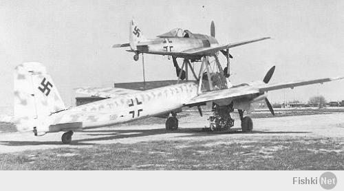 Ju 88 "Mistel"
Германия - 1943
В июле 1943 года фирма Junkers получила задание переоборудовать Ju 88-А в беспилотный самолет-снаряд (в Luftwaffe они имели обозначение "Mistel"), управляемый из одноместного истребителя, укрепленного над фюзеляжем снаряда-носителя. Пилот истребителя вел спарку до точки расцепления, в которой он направлял Ju 88 на цель и отстыковывался.
Истребитель крепился к самолету-снаряду на стальных стойках, укрепленные над центропланом Ju 88 по обе стороны фюзеляжа и сходившиеся под фюзеляжем управляемого самолета вместе с V-образной стойкой от фюзеляжа носителя, образуя два треножника. Верхние точки треножников крепились к главному лонжерону истребителя. Еще одна подпружиненная стойка шла к хвостовой части истребителя. Когда пилот освобождал истребитель, задняя стойка откидывалась назад вдоль фюзеляжа. При касании последнего срабатывал замыкатель, который приводил в действие систему отцепки основных креплений на треножниках. Таким образом предотвращался возможный удар хвостовой части истребителя о заднюю стойку.
Первые 15 Ju 88-А4 были переоборудованы в июле 1943 года. Mistel из Ju 88-А4 с Messerschmitt Bf 109-F, получил обозначение "Beethoven".
Прототип Mistel: Ju 88-А4/Bf 109-F Вначале в Mistel переоборудовали отслужившие свой срок конструкции Ju 88. Из кабины убрали лишнее оборудование, оставив лишь два места экипажа для обучения. Такие машины, получившие обозначение 1, использовали для обучения. Носовой отсек мог быть заменен 3800-кг боеголовкой при помощи быстроразъемных болтов.
Эта боеголовка была успешно испытана на старом французском линкоре-цели "Ошен" во второй половине 1943 г. Проводились опыты и по поражению фортификационных сооружений. При этом тонный стальной стержень кумулятивного ядра пробивал 20 м бетон. Окончательные испытания боеголовки проводились в Peenemünde с апреля по май 1944 г.

Mistel: Ju 88-А4/Bf 109-F Предусматривались два основных приема боевого использования. При первом взлет и полет к цели осуществлялся только при работе двигателей нижнего самолета, а двигатель верхнего самолета запускался только вблизи цели. Второй способ предусматривал использование совместной работы моторов двух машин, а питание бензином верхнего самолета шло из баков нижнего. Когда связка достигала цели, пилот переводил ее в пологое пикирование. На безопасной дистанции истребитель отцеплялся, а беспилотный самолет пикировал на цель.

Первые пять Mistel 1 поступили на вооружение IV/КG 101. Первый боевой вылет был совершен 24 июня 1944 г. Вылет не удался, так как истребителю пришлось отцепиться еще до цели из-за появления ночного истребителя Mosquito.
Вскоре после этого четыре Mistel под прикрытием истребителей Вf 109-G атаковали суда союзников в заливе Сены. Атака была осуществлена при свете осветительных ракет, но результаты не удалось пронаблюдать из-за дыма горящих судов. Разведка на следующий день показала, что все цели были поражены, но ни одно судно не затонуло.
Воодушевленные этим успехом, Luftwaffe заказали заводу в Mockau (Leipzig) еще переоборудовать в Mistel еще 75 ремонтировавшихся там Ju 88-G1. На этот раз это была связка Ju 88-G1 и Fw 190-A6 или Fw 190-F8, так как их моторы также работали на 95-октановом бензине (Mistel 2; учебный вариант S2). К сожалению, комбинация Ju 88-G с полными топливными баками и боеголовкой с Fw 190 была значительно перезагружена, и при взлете случались аварии из-за разрыва пневматиков. После потери нескольких Mistel при взлете, под фюзеляжем была установлена третья сбрасываемая стойка. Этот вариант получил обозначение Mistel 3.

10.10.1944 на базе IV/КG 101 была образована III/КG 66, предназначенная исключительно для использования Mistel, но уже через 10 дней ее переименовали в II/КG 200. К этому времени было решено использовать все имеющиеся Mistel для атаки британского флота в Scapa Flow. Операция была намечена на декабрь 1944 г. Для этой операции на аэродромах в Дании было собрано 60 Mistel вместе с 5./КG 200, самолеты которой должны были освещать цели. Постоянно стоявшая плохая погода задерживала начало операции, а когда она окончательно прояснилась, установилась полная луна. Неповоротливые Mistel 2, развивавшие не более 380 км/ч могли стать легкой добычей британских ночных истребителей.
Следующее нападение планировалось на март 1945 против советских военных заводов. Было заказано 125 Mistel, 100 из которых требовались для этой операции. В марте аэродромы в Восточной Пруссии, которые планировалось использовать для операции "Eisenhammel", были заняты советскими войсками. Позже II/КG 200 предприняла отдельные атаки мостов на восточном и западном фронтах.
Первой их атакой стал налет 9 марта четырех Mistel из состава II/КG 200 на мосты у Görlitz на Neiße. Оба моста были поражены. Mistel из II/КG 200 использовались для налетов на мосты через Рейн. С апреля для этих же целей привлекались подразделения КG 30, также перевооруженные на Mistel. Почти все Mistel были использованы в этих атаках, а их пилотов вскоре перевели в истребительные части.
Темпы переоборудования возросли и теперь в самолеты-снаряды переделывали строящиеся на заводе Junkers в Bernburg Ju 88-G10 и Ju 88-H4 прямо на сборочной линии. Связка Ju 88-G10/Fw 190-A8 обозначили как "Mistel 3C". Самолет отличался вставкой перед крылом 2.75 м фюзеляжной секции. Fw 190, оснащался парой 270 л накрыльевых баков и подфюзеляжным 300 л баком. Второй и третий фюзеляжные баки Mistel предназначались под 95-октановый бензин, который Fw 190-A8 использовал во время полета в связке. Остальные баки заливались 87-октановым бензином. Аналогичный вариант из связки Ju 88-H4/Fw 190-A8 получил обозначение "Mistel 3B".
Одна из модификаций Mistel 3B с экипажем в три человека служила сверхдальним самолетом наведения "Fuehrungmaschine", неся на себе Fw 190-A8 в качестве собственного эскорта. Mistel оснащался локатором сантиметрового диапазона и имел оборонительное вооружение из пулемета МG 131 в задней части кабины. Под центропланом можно было подвесить два 900 л сбрасываемых бака. Один из последних Mistel состоял из Ta 152-H и Ju 88-G7.
Всего было построено около 250 Mistel различных модификаций.