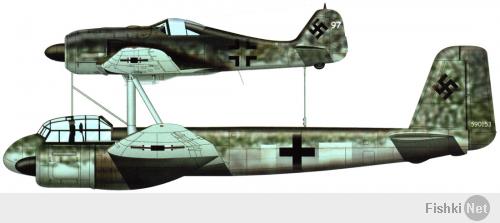 Ju 88 "Mistel"
Германия - 1943
В июле 1943 года фирма Junkers получила задание переоборудовать Ju 88-А в беспилотный самолет-снаряд (в Luftwaffe они имели обозначение "Mistel"), управляемый из одноместного истребителя, укрепленного над фюзеляжем снаряда-носителя. Пилот истребителя вел спарку до точки расцепления, в которой он направлял Ju 88 на цель и отстыковывался.
Истребитель крепился к самолету-снаряду на стальных стойках, укрепленные над центропланом Ju 88 по обе стороны фюзеляжа и сходившиеся под фюзеляжем управляемого самолета вместе с V-образной стойкой от фюзеляжа носителя, образуя два треножника. Верхние точки треножников крепились к главному лонжерону истребителя. Еще одна подпружиненная стойка шла к хвостовой части истребителя. Когда пилот освобождал истребитель, задняя стойка откидывалась назад вдоль фюзеляжа. При касании последнего срабатывал замыкатель, который приводил в действие систему отцепки основных креплений на треножниках. Таким образом предотвращался возможный удар хвостовой части истребителя о заднюю стойку.
Первые 15 Ju 88-А4 были переоборудованы в июле 1943 года. Mistel из Ju 88-А4 с Messerschmitt Bf 109-F, получил обозначение "Beethoven".
Прототип Mistel: Ju 88-А4/Bf 109-F Вначале в Mistel переоборудовали отслужившие свой срок конструкции Ju 88. Из кабины убрали лишнее оборудование, оставив лишь два места экипажа для обучения. Такие машины, получившие обозначение 1, использовали для обучения. Носовой отсек мог быть заменен 3800-кг боеголовкой при помощи быстроразъемных болтов.
Эта боеголовка была успешно испытана на старом французском линкоре-цели "Ошен" во второй половине 1943 г. Проводились опыты и по поражению фортификационных сооружений. При этом тонный стальной стержень кумулятивного ядра пробивал 20 м бетон. Окончательные испытания боеголовки проводились в Peenemünde с апреля по май 1944 г.

Mistel: Ju 88-А4/Bf 109-F Предусматривались два основных приема боевого использования. При первом взлет и полет к цели осуществлялся только при работе двигателей нижнего самолета, а двигатель верхнего самолета запускался только вблизи цели. Второй способ предусматривал использование совместной работы моторов двух машин, а питание бензином верхнего самолета шло из баков нижнего. Когда связка достигала цели, пилот переводил ее в пологое пикирование. На безопасной дистанции истребитель отцеплялся, а беспилотный самолет пикировал на цель.

Первые пять Mistel 1 поступили на вооружение IV/КG 101. Первый боевой вылет был совершен 24 июня 1944 г. Вылет не удался, так как истребителю пришлось отцепиться еще до цели из-за появления ночного истребителя Mosquito.
Вскоре после этого четыре Mistel под прикрытием истребителей Вf 109-G атаковали суда союзников в заливе Сены. Атака была осуществлена при свете осветительных ракет, но результаты не удалось пронаблюдать из-за дыма горящих судов. Разведка на следующий день показала, что все цели были поражены, но ни одно судно не затонуло.
Воодушевленные этим успехом, Luftwaffe заказали заводу в Mockau (Leipzig) еще переоборудовать в Mistel еще 75 ремонтировавшихся там Ju 88-G1. На этот раз это была связка Ju 88-G1 и Fw 190-A6 или Fw 190-F8, так как их моторы также работали на 95-октановом бензине (Mistel 2; учебный вариант S2). К сожалению, комбинация Ju 88-G с полными топливными баками и боеголовкой с Fw 190 была значительно перезагружена, и при взлете случались аварии из-за разрыва пневматиков. После потери нескольких Mistel при взлете, под фюзеляжем была установлена третья сбрасываемая стойка. Этот вариант получил обозначение Mistel 3.

10.10.1944 на базе IV/КG 101 была образована III/КG 66, предназначенная исключительно для использования Mistel, но уже через 10 дней ее переименовали в II/КG 200. К этому времени было решено использовать все имеющиеся Mistel для атаки британского флота в Scapa Flow. Операция была намечена на декабрь 1944 г. Для этой операции на аэродромах в Дании было собрано 60 Mistel вместе с 5./КG 200, самолеты которой должны были освещать цели. Постоянно стоявшая плохая погода задерживала начало операции, а когда она окончательно прояснилась, установилась полная луна. Неповоротливые Mistel 2, развивавшие не более 380 км/ч могли стать легкой добычей британских ночных истребителей.
Следующее нападение планировалось на март 1945 против советских военных заводов. Было заказано 125 Mistel, 100 из которых требовались для этой операции. В марте аэродромы в Восточной Пруссии, которые планировалось использовать для операции "Eisenhammel", были заняты советскими войсками. Позже II/КG 200 предприняла отдельные атаки мостов на восточном и западном фронтах.
Первой их атакой стал налет 9 марта четырех Mistel из состава II/КG 200 на мосты у Görlitz на Neiße. Оба моста были поражены. Mistel из II/КG 200 использовались для налетов на мосты через Рейн. С апреля для этих же целей привлекались подразделения КG 30, также перевооруженные на Mistel. Почти все Mistel были использованы в этих атаках, а их пилотов вскоре перевели в истребительные части.
Темпы переоборудования возросли и теперь в самолеты-снаряды переделывали строящиеся на заводе Junkers в Bernburg Ju 88-G10 и Ju 88-H4 прямо на сборочной линии. Связка Ju 88-G10/Fw 190-A8 обозначили как "Mistel 3C". Самолет отличался вставкой перед крылом 2.75 м фюзеляжной секции. Fw 190, оснащался парой 270 л накрыльевых баков и подфюзеляжным 300 л баком. Второй и третий фюзеляжные баки Mistel предназначались под 95-октановый бензин, который Fw 190-A8 использовал во время полета в связке. Остальные баки заливались 87-октановым бензином. Аналогичный вариант из связки Ju 88-H4/Fw 190-A8 получил обозначение "Mistel 3B".
Одна из модификаций Mistel 3B с экипажем в три человека служила сверхдальним самолетом наведения "Fuehrungmaschine", неся на себе Fw 190-A8 в качестве собственного эскорта. Mistel оснащался локатором сантиметрового диапазона и имел оборонительное вооружение из пулемета МG 131 в задней части кабины. Под центропланом можно было подвесить два 900 л сбрасываемых бака. Один из последних Mistel состоял из Ta 152-H и Ju 88-G7.
Всего было построено около 250 Mistel различных модификаций.