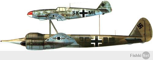 Ju 88 "Mistel"
Германия - 1943
В июле 1943 года фирма Junkers получила задание переоборудовать Ju 88-А в беспилотный самолет-снаряд (в Luftwaffe они имели обозначение "Mistel"), управляемый из одноместного истребителя, укрепленного над фюзеляжем снаряда-носителя. Пилот истребителя вел спарку до точки расцепления, в которой он направлял Ju 88 на цель и отстыковывался.
Истребитель крепился к самолету-снаряду на стальных стойках, укрепленные над центропланом Ju 88 по обе стороны фюзеляжа и сходившиеся под фюзеляжем управляемого самолета вместе с V-образной стойкой от фюзеляжа носителя, образуя два треножника. Верхние точки треножников крепились к главному лонжерону истребителя. Еще одна подпружиненная стойка шла к хвостовой части истребителя. Когда пилот освобождал истребитель, задняя стойка откидывалась назад вдоль фюзеляжа. При касании последнего срабатывал замыкатель, который приводил в действие систему отцепки основных креплений на треножниках. Таким образом предотвращался возможный удар хвостовой части истребителя о заднюю стойку.
Первые 15 Ju 88-А4 были переоборудованы в июле 1943 года. Mistel из Ju 88-А4 с Messerschmitt Bf 109-F, получил обозначение "Beethoven".
Прототип Mistel: Ju 88-А4/Bf 109-F Вначале в Mistel переоборудовали отслужившие свой срок конструкции Ju 88. Из кабины убрали лишнее оборудование, оставив лишь два места экипажа для обучения. Такие машины, получившие обозначение 1, использовали для обучения. Носовой отсек мог быть заменен 3800-кг боеголовкой при помощи быстроразъемных болтов.
Эта боеголовка была успешно испытана на старом французском линкоре-цели "Ошен" во второй половине 1943 г. Проводились опыты и по поражению фортификационных сооружений. При этом тонный стальной стержень кумулятивного ядра пробивал 20 м бетон. Окончательные испытания боеголовки проводились в Peenemünde с апреля по май 1944 г.

Mistel: Ju 88-А4/Bf 109-F Предусматривались два основных приема боевого использования. При первом взлет и полет к цели осуществлялся только при работе двигателей нижнего самолета, а двигатель верхнего самолета запускался только вблизи цели. Второй способ предусматривал использование совместной работы моторов двух машин, а питание бензином верхнего самолета шло из баков нижнего. Когда связка достигала цели, пилот переводил ее в пологое пикирование. На безопасной дистанции истребитель отцеплялся, а беспилотный самолет пикировал на цель.

Первые пять Mistel 1 поступили на вооружение IV/КG 101. Первый боевой вылет был совершен 24 июня 1944 г. Вылет не удался, так как истребителю пришлось отцепиться еще до цели из-за появления ночного истребителя Mosquito.
Вскоре после этого четыре Mistel под прикрытием истребителей Вf 109-G атаковали суда союзников в заливе Сены. Атака была осуществлена при свете осветительных ракет, но результаты не удалось пронаблюдать из-за дыма горящих судов. Разведка на следующий день показала, что все цели были поражены, но ни одно судно не затонуло.
Воодушевленные этим успехом, Luftwaffe заказали заводу в Mockau (Leipzig) еще переоборудовать в Mistel еще 75 ремонтировавшихся там Ju 88-G1. На этот раз это была связка Ju 88-G1 и Fw 190-A6 или Fw 190-F8, так как их моторы также работали на 95-октановом бензине (Mistel 2; учебный вариант S2). К сожалению, комбинация Ju 88-G с полными топливными баками и боеголовкой с Fw 190 была значительно перезагружена, и при взлете случались аварии из-за разрыва пневматиков. После потери нескольких Mistel при взлете, под фюзеляжем была установлена третья сбрасываемая стойка. Этот вариант получил обозначение Mistel 3.

10.10.1944 на базе IV/КG 101 была образована III/КG 66, предназначенная исключительно для использования Mistel, но уже через 10 дней ее переименовали в II/КG 200. К этому времени было решено использовать все имеющиеся Mistel для атаки британского флота в Scapa Flow. Операция была намечена на декабрь 1944 г. Для этой операции на аэродромах в Дании было собрано 60 Mistel вместе с 5./КG 200, самолеты которой должны были освещать цели. Постоянно стоявшая плохая погода задерживала начало операции, а когда она окончательно прояснилась, установилась полная луна. Неповоротливые Mistel 2, развивавшие не более 380 км/ч могли стать легкой добычей британских ночных истребителей.
Следующее нападение планировалось на март 1945 против советских военных заводов. Было заказано 125 Mistel, 100 из которых требовались для этой операции. В марте аэродромы в Восточной Пруссии, которые планировалось использовать для операции "Eisenhammel", были заняты советскими войсками. Позже II/КG 200 предприняла отдельные атаки мостов на восточном и западном фронтах.
Первой их атакой стал налет 9 марта четырех Mistel из состава II/КG 200 на мосты у Görlitz на Neiße. Оба моста были поражены. Mistel из II/КG 200 использовались для налетов на мосты через Рейн. С апреля для этих же целей привлекались подразделения КG 30, также перевооруженные на Mistel. Почти все Mistel были использованы в этих атаках, а их пилотов вскоре перевели в истребительные части.
Темпы переоборудования возросли и теперь в самолеты-снаряды переделывали строящиеся на заводе Junkers в Bernburg Ju 88-G10 и Ju 88-H4 прямо на сборочной линии. Связка Ju 88-G10/Fw 190-A8 обозначили как "Mistel 3C". Самолет отличался вставкой перед крылом 2.75 м фюзеляжной секции. Fw 190, оснащался парой 270 л накрыльевых баков и подфюзеляжным 300 л баком. Второй и третий фюзеляжные баки Mistel предназначались под 95-октановый бензин, который Fw 190-A8 использовал во время полета в связке. Остальные баки заливались 87-октановым бензином. Аналогичный вариант из связки Ju 88-H4/Fw 190-A8 получил обозначение "Mistel 3B".
Одна из модификаций Mistel 3B с экипажем в три человека служила сверхдальним самолетом наведения "Fuehrungmaschine", неся на себе Fw 190-A8 в качестве собственного эскорта. Mistel оснащался локатором сантиметрового диапазона и имел оборонительное вооружение из пулемета МG 131 в задней части кабины. Под центропланом можно было подвесить два 900 л сбрасываемых бака. Один из последних Mistel состоял из Ta 152-H и Ju 88-G7.
Всего было построено около 250 Mistel различных модификаций.