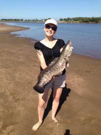 На фото супруга, рыбак! - на спиннинг поймала змееголова 30.08.2014 на 5 кг! 
Тунгуска (приток Амура)