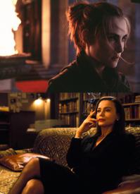 Позвольте Вас поправить. Эту блондинку зовут Эмманюэль Сенье. Люцифер и по совместительству супруга Романа Поланского. Кстати, в титрах её роль обозначена как... "Девушка" (The Girl). Да уж, ничего себе "девушка". А Лена Олин - брюнетка и играла она сектантку-сатанистку. Вот Вам ниже картинка с двумя кадрами из фильма. Думаю разберётесь кто из них кто. Впрочем, обе хороши. Да и Джонни Депп очень даже сыграл. ;) И вообще, если уж говорить про фильм, то он по настоящему таинственный и страшный. Едва ли не лучшая работа Романа Полански (по моему скромному мнению).