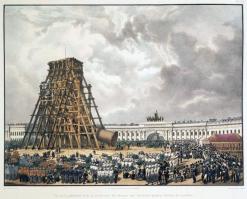 Думаю что его ставили как Александрийский столп у нас в Питере, который тоже из цельного гранита и длинной 47,5 метров. 
Наберите "Александрийский столп" в поисковике.

@Подъём Александровской колонны

К июлю 1832 года монолит колонны был на подходе, а пьедестал уже завершён. Настало время приступить к выполнению самой сложной задачи — установке колонны на пьедестал.

На базе разработок генерал-лейтенанта А. А. Бетанкура по установке колонн Исаакиевского собора в декабре 1830 года была сконструирована оригинальная подъёмная система. В неё входили: строительные леса в 22 сажени (47 метров) высотой, 60 кабестанов и система блоков, и он воспользовался всем этим следующим образом:
- По наклонной плоскости колонну подкатили на особую платформу, находившуюся у подножия лесов и обмотали множеством колец из канатов, к которым были прикреплены блоки;
- Другая система блоков находилась на вершине лесов;
- Большое число канатов, опоясывающих камень, огибало верхние и нижние блоки и свободными концами были намотаны на кабестаны, расставленные на площади.

30 августа 1832 года посмотреть на это событие собрались массы народа: они заняли всю площадь, а кроме этого окна и крыша Здания Главного штаба были заняты зрителями. На поднятие приехал государь и вся императорская семья.

Для приведения колонны в вертикальное положение на Дворцовой площади потребовалось привлечь силы 2000 солдат и 400 рабочих, которые за 1 час 45 минут установили монолит.

Сам государь был очень доволен успешным окончанием дела.
"Montferrand, vous vous etes immortalise!"(Монферран, Вы себя обессмертили!)
Николай I.