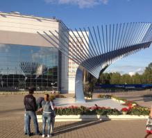 Памятник у ледовой арены. В виде крыла из клюшек. Сзади на стене фото команды