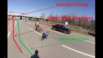 Давай попробуем смотреть вещи максимально всесторонне и объективно, а не судить о ситуации только по малому отрезку времени?! 
И дабы вывести в правильное русло намекну: выходя из подъезда смотришь вверх на случай падения кирпича?
А теперь в суть события. Что мы имеем, т.с. вводная информация:
- "...Инцидент произошел днем 12 апреля, когда группа велосипедистов двигалась по Приморскому шоссе..." - т.е. ехал не один и не двое.
- велосипедисты ехали по трассе в правой полосе, и на участке, где с трассы идет съезд на эстакаду совершили маневр по уходу с полосы поворота.
- муковоз ехал на высококой скорости в крайней правой полосе, которая как мы знаем по видео, превращается в съезд.
А теперь давайте зададим себе вопрос исходя из перенаправленного обсуждения и расширенного рассмотрения данного ДТП: могла ли в голове велосипедиста возникнуть мысль об опасности появления справа многотонной фуры на высокой скорости?
