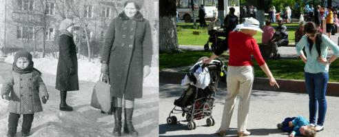 Для начала отделите мух от котлет:

ни в коем случае не наказывайте (бейте) ребенка за проступки такого рода, назовем из БЫТОВЫМИ:
1. описался (наложил в штаны)
2. случайно! разбил посуду (сломал игрушку, пролил краски)
3. упал (порезался и т.п.)
4. отказывается от еды,
5. чего-то не получается
6. не хочу одевать то и это
7. бъется в истерике
Поддержите его!

Беритесь за кнут только тогда, когда ребенок делает что-то назло и специально, но это связано вс плохими делами, т.е. наказывайте только за ПЛОХИЕ, недобрые дела.
1. обижает маленького
2. специально бъет посуду, ломает игрушки

Всегда отделяйте СЛУЧАЙНО и СПЕЦИАЛЬНО (НАЗЛО). Ребенок может толкнуть другого случайно. За это нельзя наказывать. Нужно объяснить, примирить детей.

Хвалите ребенка только за ДОБРЫЕ, полезные дела. Награждайте амамками, похвалой, подарками. Не перехваливайте его, дайте ему закончить дело, пусть ребенок сам спросит у вас, хорошо или плохо.

Ну и конечно же не выясняйте отношения с супругом (супругой, партнером :)) при детях.

В СССР детки были предоставлены самим себе. Не припомню вообще детей, бъющихся в истерике на улицах с роем бабушек вокруг них. 

Дайте детям больше свободы, но и окажите им незамедлительную поддержку, когда это действительно необходимо! Долой назойливых бабушек. Не БОЙТЕСЬ сказать теще (свекрови, родителям партнера :)) о том, как надо воспитывать ВАШЕГО ребенка.