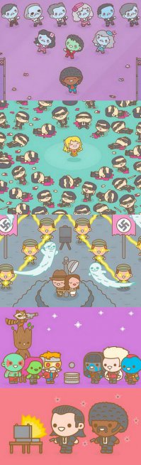 здесь не только фильмы. тот же клип джексона "триллер" все же не фильм. 
в некоторых картинках намешано много сюжетов.
а так забавно - от достаточно "древних" фильмов (та же "бесконечная история") до более новых (стражи галактики).
все узнаваемо.

несколько понравившихся иллюстраций: м.д. триллер; убить била, первая часть; индиана джонс, в поисках утраченного ковчега; стражи галактики; криминальное чтиво. :)