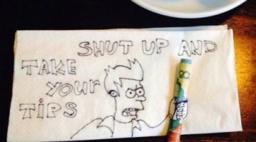 Этот способ хорош только для того, чтобы своих друзей на вечеринке приколоть (угадайте сколько тут денег), или нажиться за их счет - собрать 200 руб. (с одного) или по 100 руб. с троих, а потом показать, что, типа, и свой долян положил.

А реально порадовать официанта небольшой суммой, если он хорошо обслуживал,  лучше так